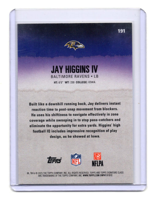 2025 Topps Signature Class Jay Higgins Card Blue & Yellow RC Ravens #191