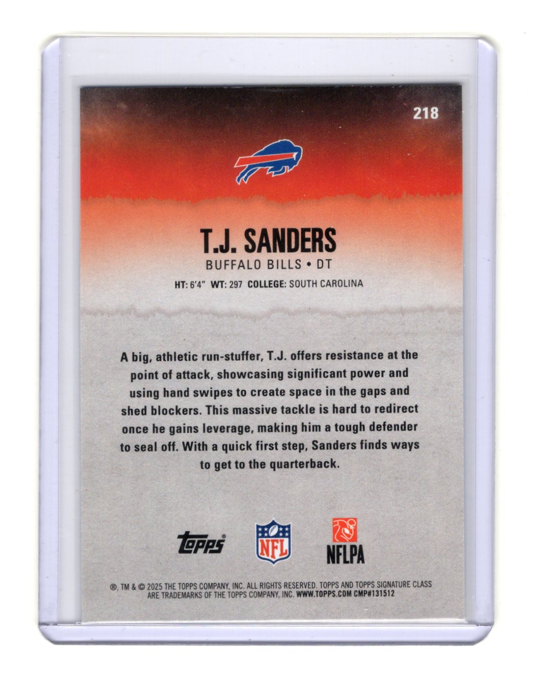 2025 Topps Signature Class T.J. Sanders Card Blue & Yellow RC  Bills #218