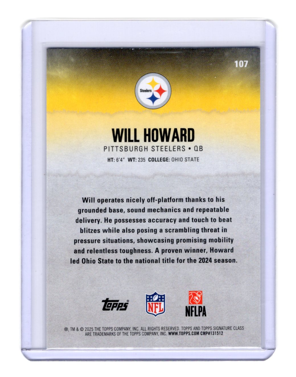 2025 Topps Signature Class Will Howard Card RC Pittsburgh Steelers #107