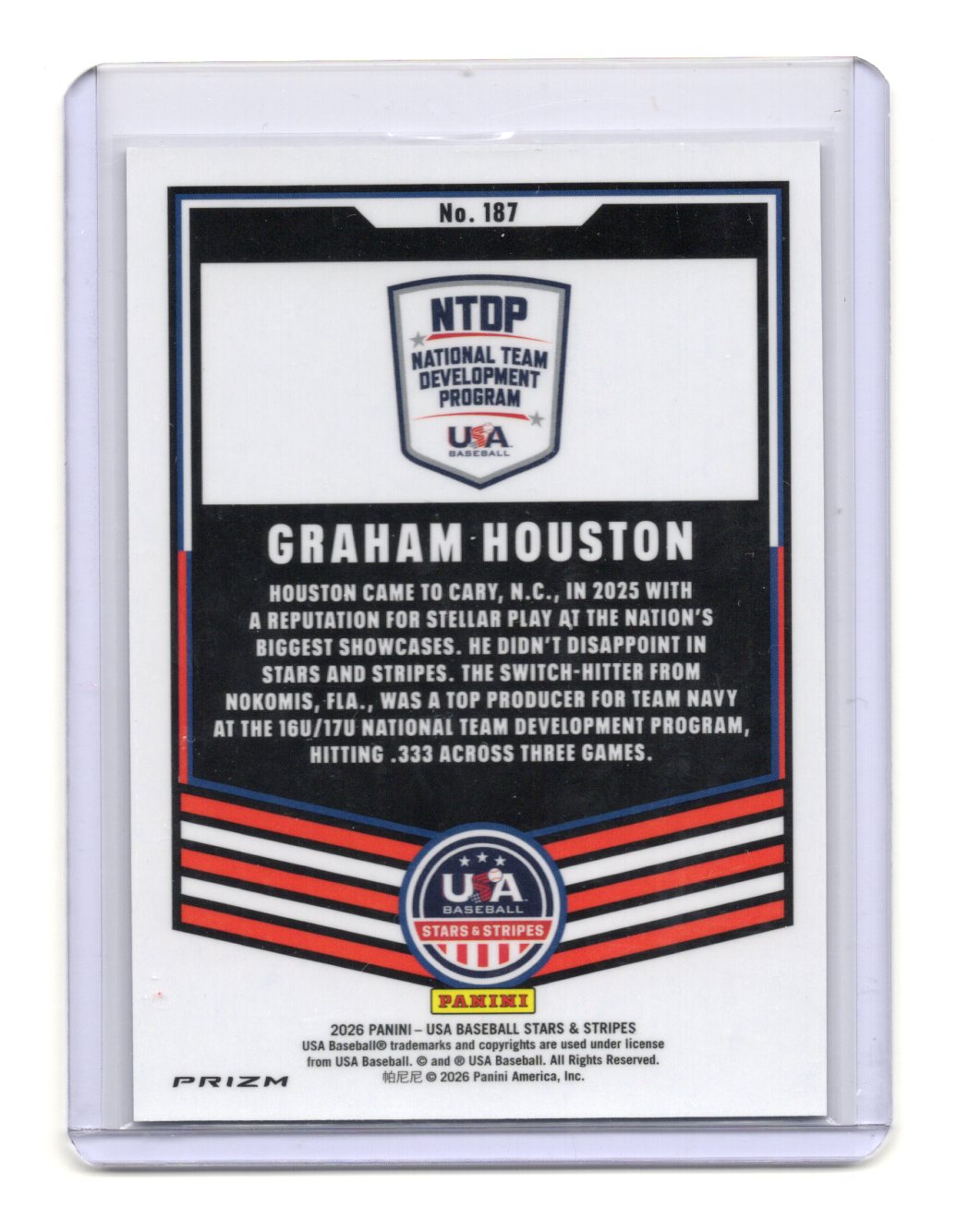 2026 Panini Stars & Stripes Prizm USA Baseball Graham Houston Card USA #187