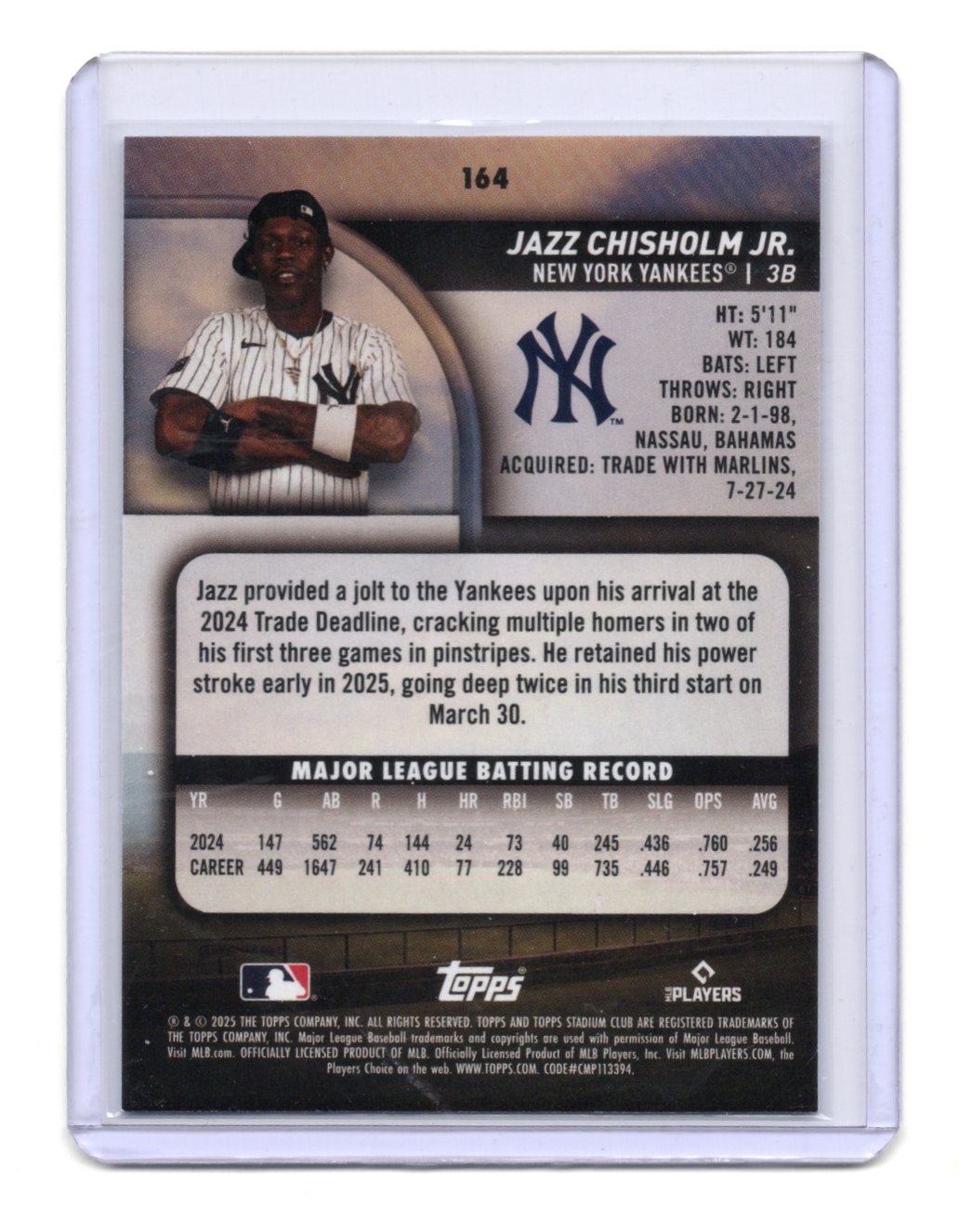 2025 Stadium Club Jazz Chisholm Jr. Card Light Blue Foil  Yankees #164