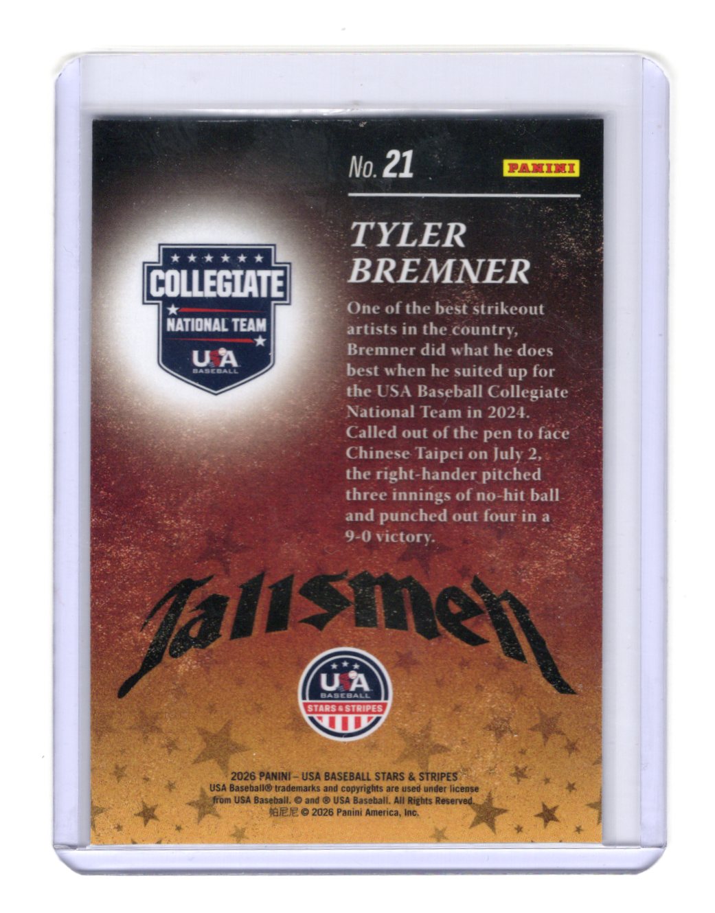 2026 Panini Stars & Stripes Prizm USA Baseball Tyler Bremner  Talisman USA #21