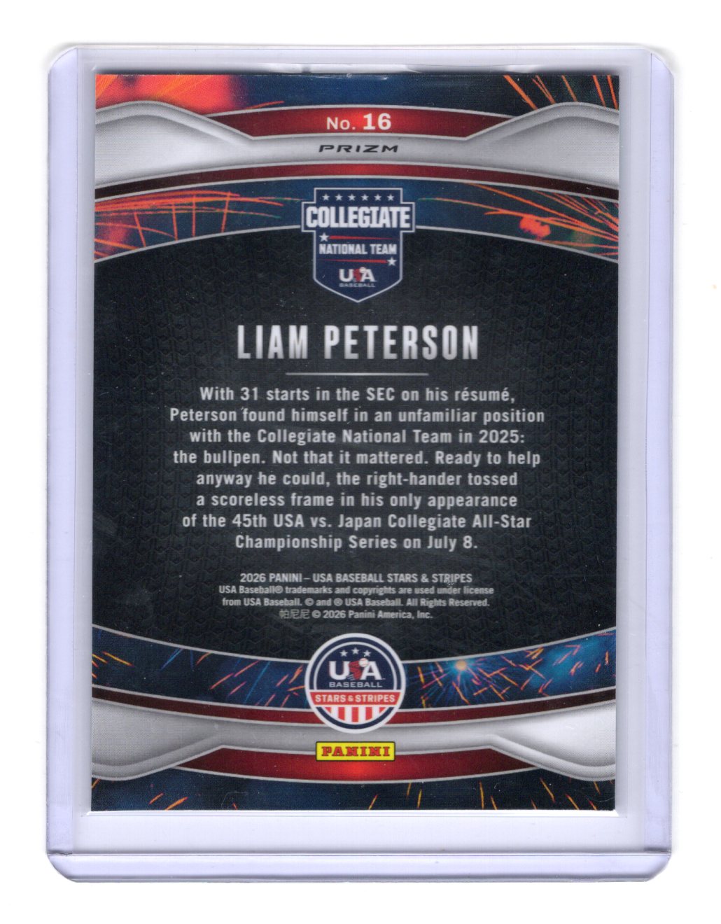 2026 Panini Stars & Stripes Prizm USA Baseball Liam Peterson  Fireworks Green