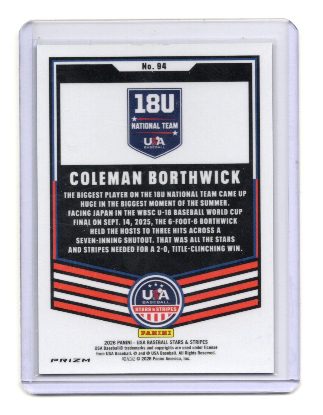 2026 Panini Stars & Stripes Prizm USA Baseball Coleman Borthwick  Green USA #94