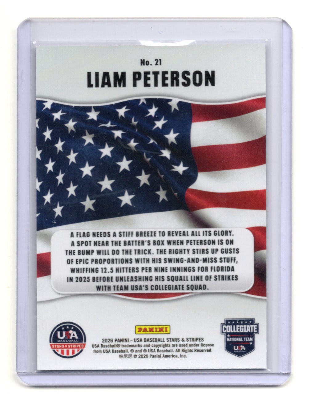 2026 Panini Stars & Stripes Prizm USA Baseball Liam Peterson All-American #21