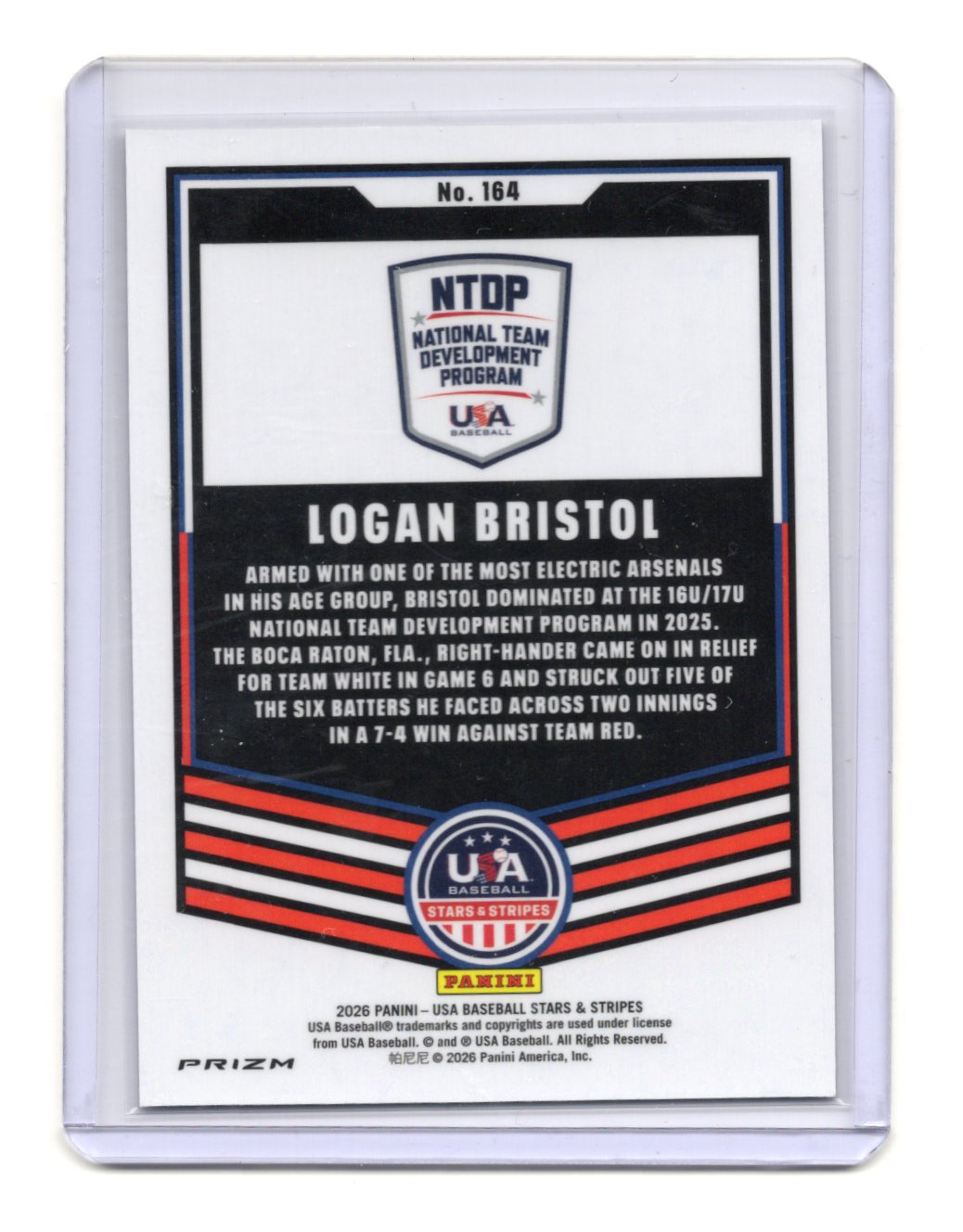 2026 Panini Stars & Stripes Prizm USA Baseball Logan Bristol Card USA #164