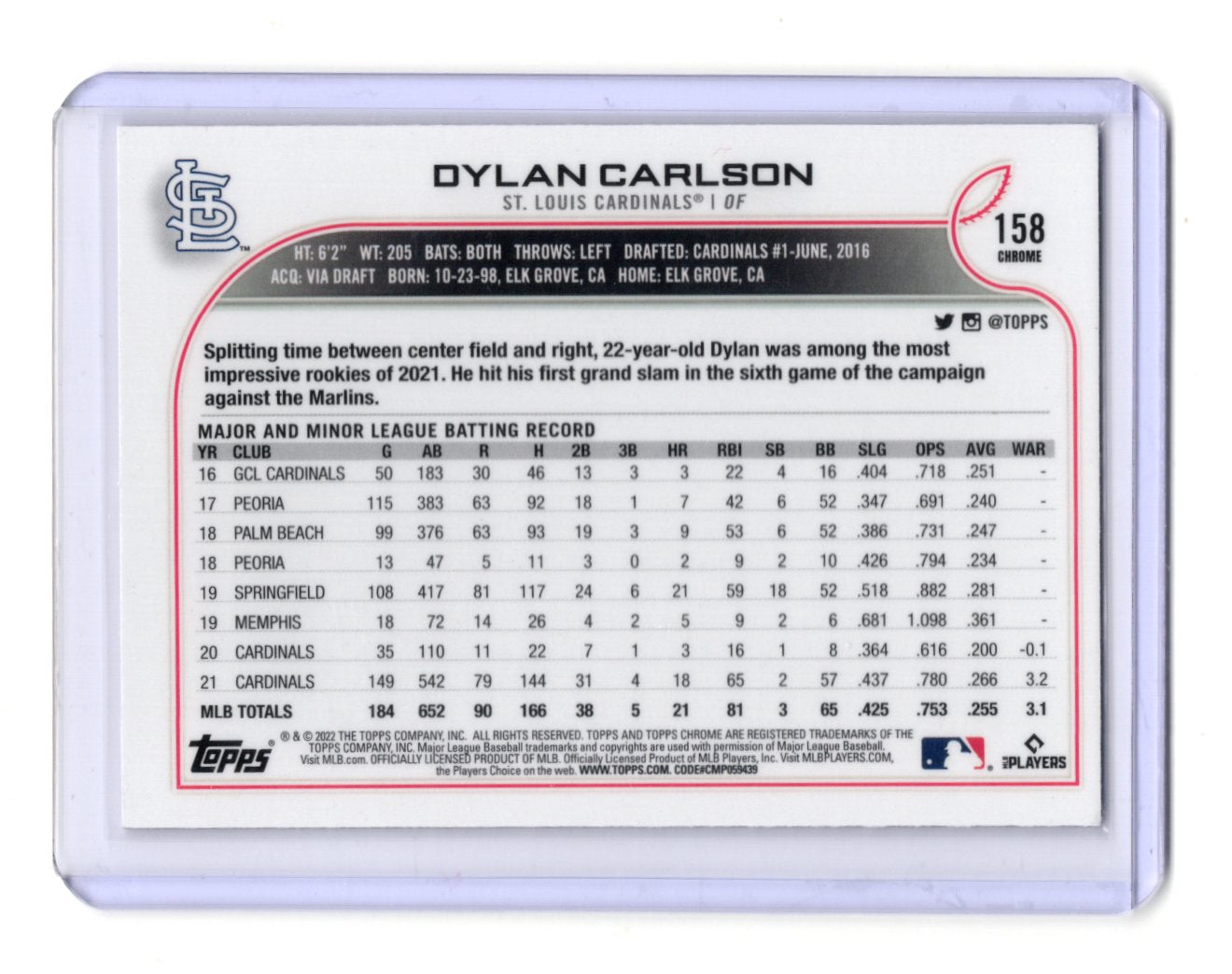 2022 Topps Chrome Dylan Carlson Card St. Louis Cardinals #158