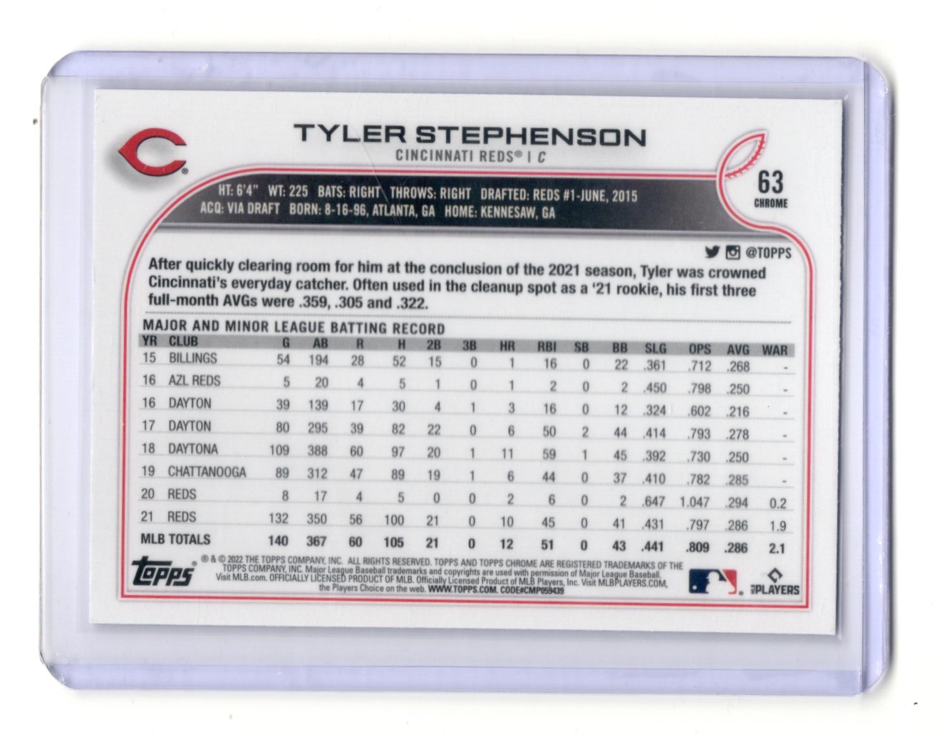 2022 Topps Tyler Stephenson Card Rainbow Foil Cincinnati Reds #175