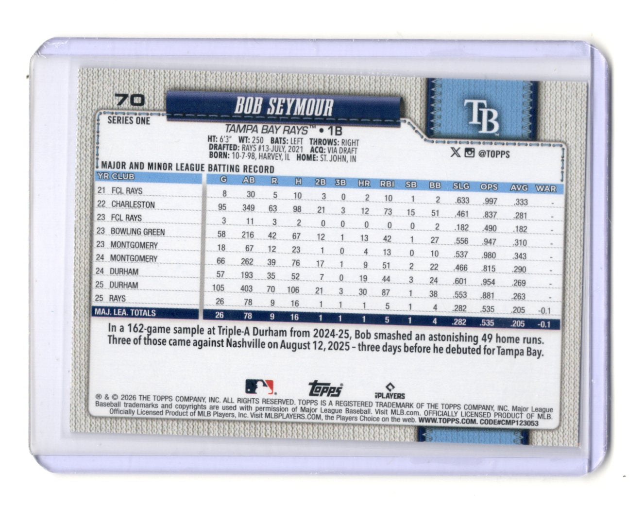 2026 Topps Bob Seymour Card Holo Foil Tampa Bay Rays #70
