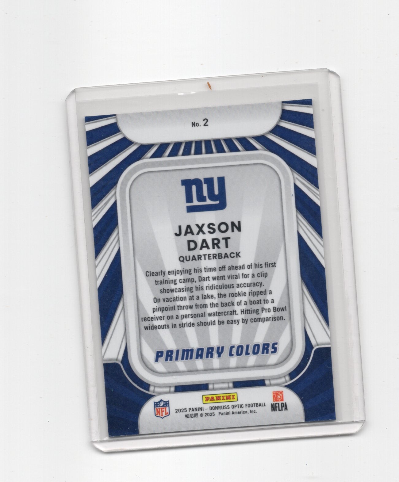 2025 Donruss Optic Jaxson Dart Card Rookie Primary Colors New York Giants #2