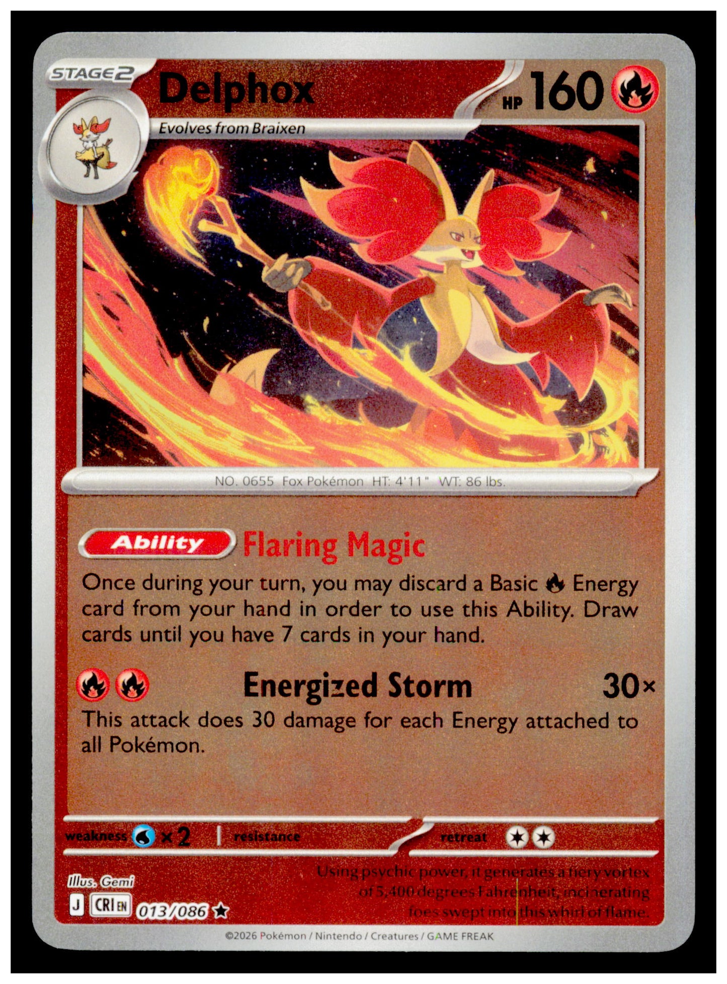 2026 Pokemon Chaos Rising Delphox Holo Rare 013/086 TCG Card CRI