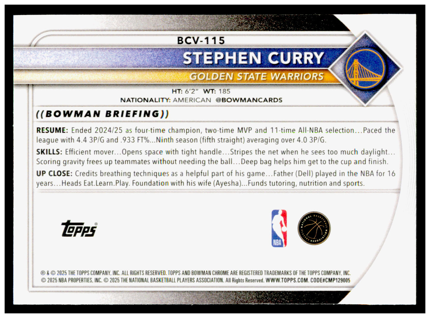 2025-26 Bowman Stephen Curry Card Chrome Golden State Warriors #BCV-115
