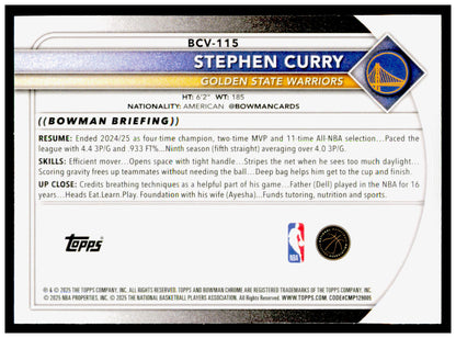 2025-26 Bowman Stephen Curry Card Chrome Golden State Warriors #BCV-115