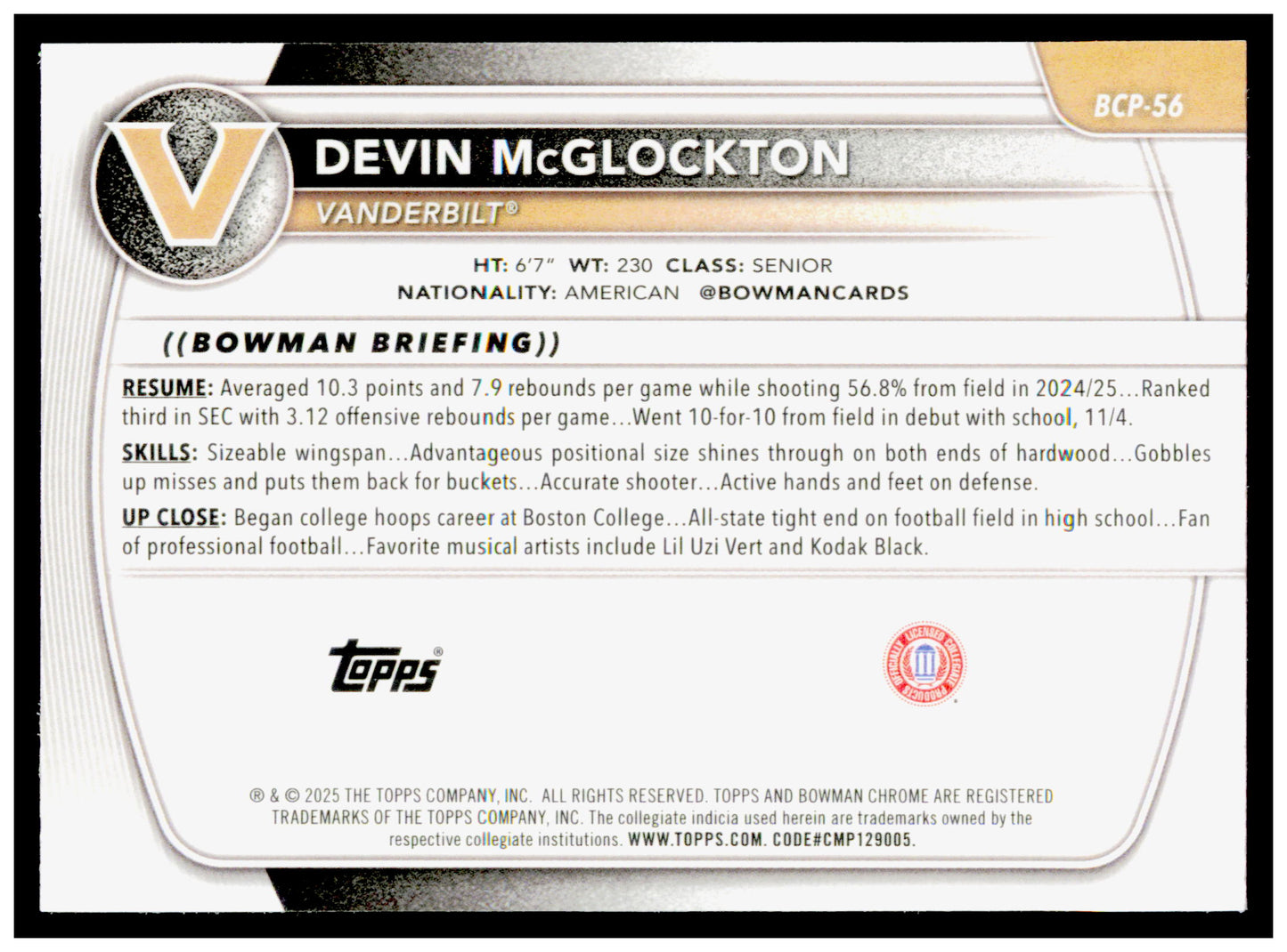 2025-26 Bowman Devin McGlockton Card Chrome Prospects Vanderbilt