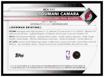2025-26 Bowman Toumani Camara Card Chrome Portland Trail Blazers #BCV-111