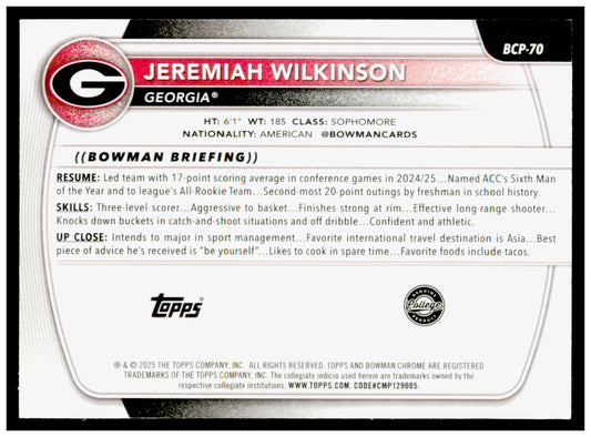 2025-26 Bowman Jeremiah Wilkinson Card Chrome Prospects Georgia Bulldogs #BCP-70