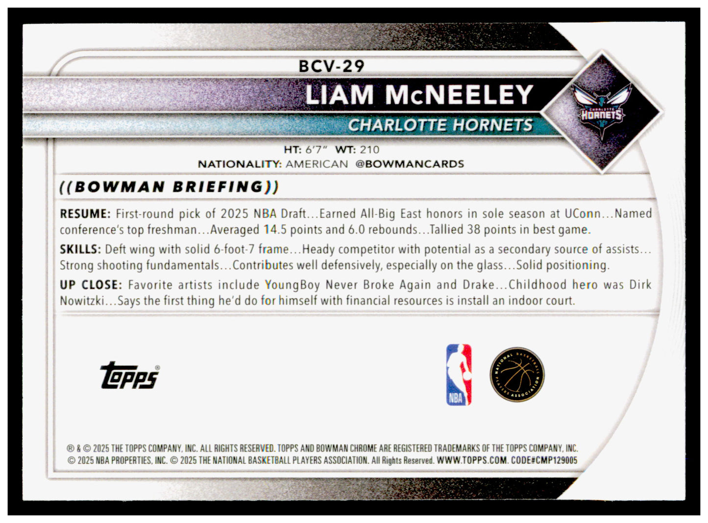 2025-26 Bowman Liam McNeeley Card Chrome Charlotte Hornets #BCV-29