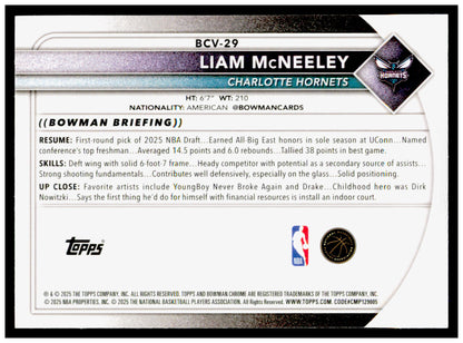2025-26 Bowman Liam McNeeley Card Chrome Charlotte Hornets #BCV-29