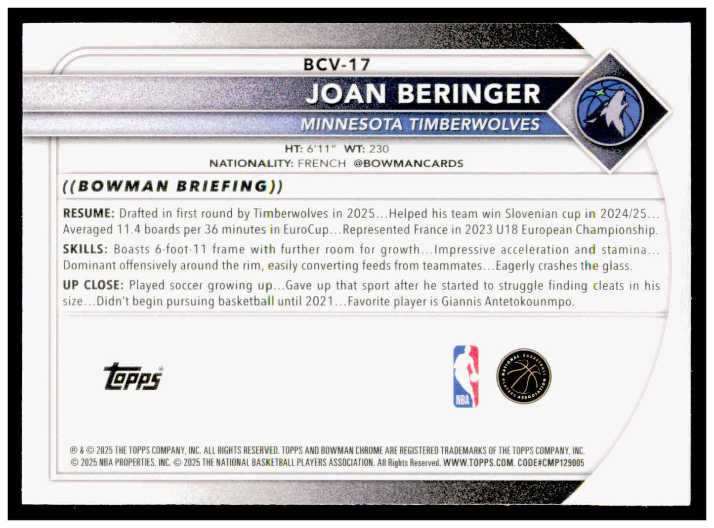 2025-26 Bowman Joan Beringer Card Chrome Minnesota Timberwolves #BCV-17