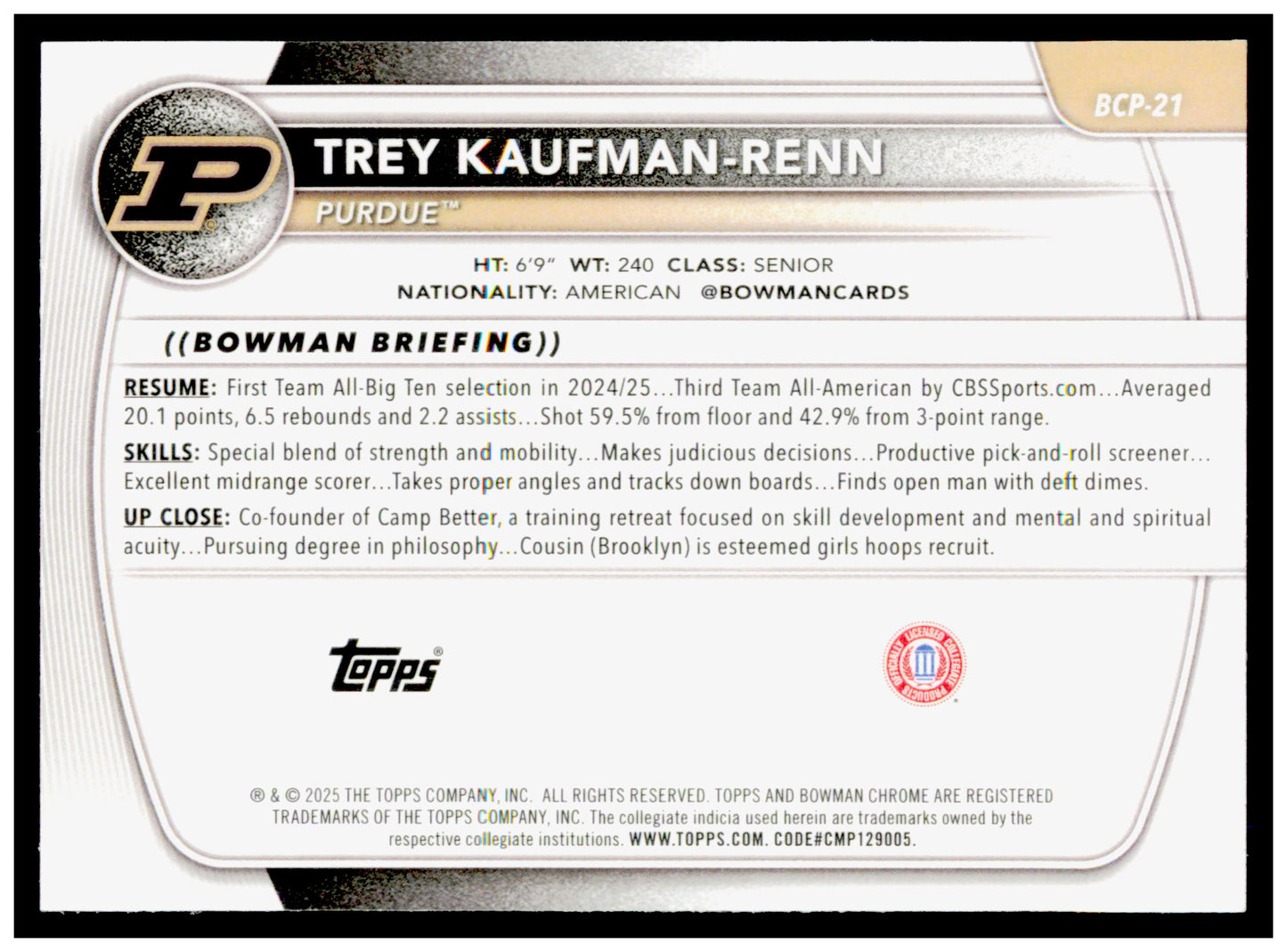 2025-26 Bowman Trey Kaufman-Renn Card Chrome Prospects  Boilermakers #BCP-21