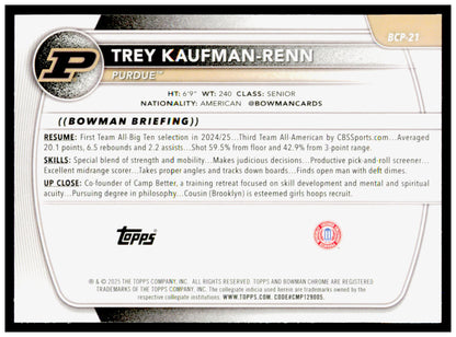 2025-26 Bowman Trey Kaufman-Renn Card Chrome Prospects  Boilermakers #BCP-21