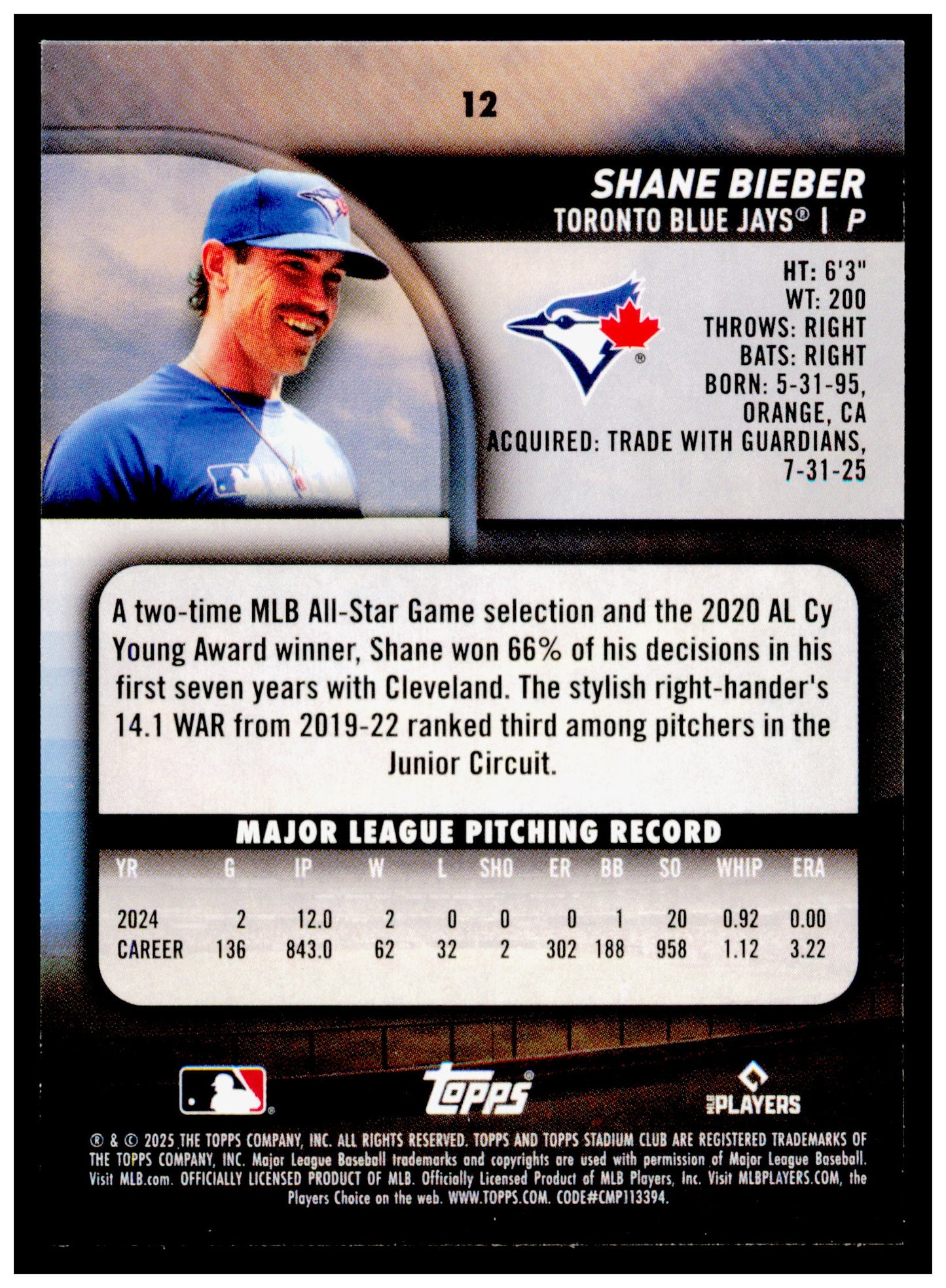 2025 Stadium Club Shane Bieber Card Toronto Blue Jays #12