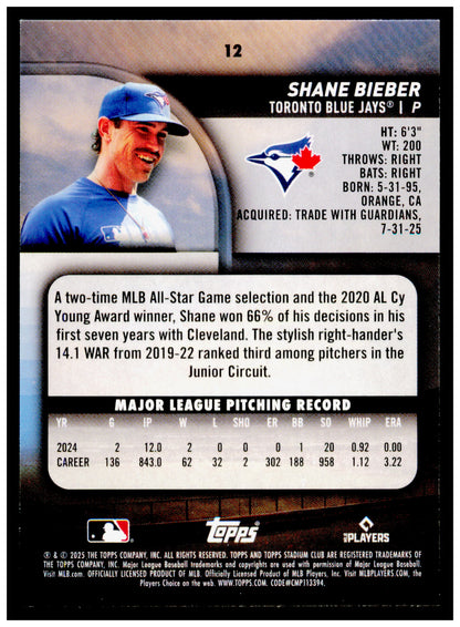 2025 Stadium Club Shane Bieber Card Toronto Blue Jays #12