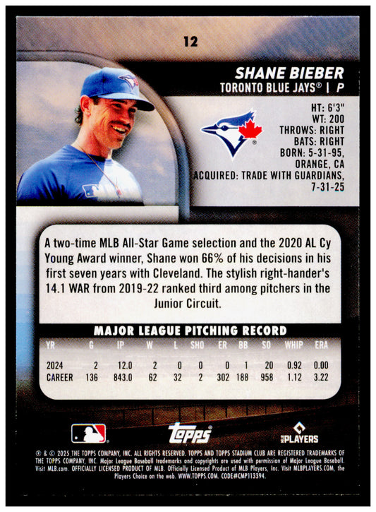 2025 Stadium Club Shane Bieber Card Toronto Blue Jays #12