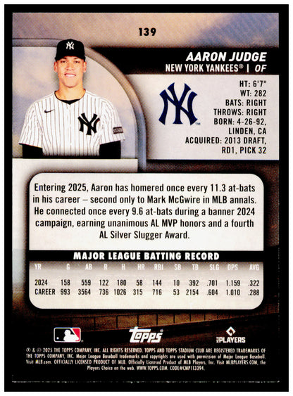 2025 Stadium Club Aaron Judge Card New York Yankees #139
