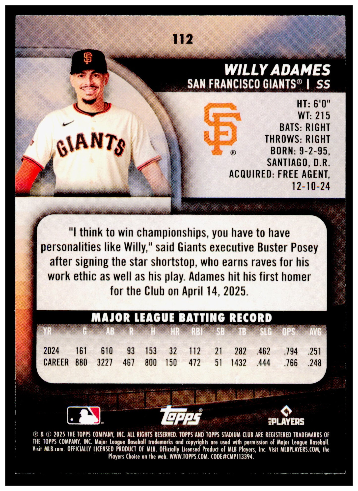 2025 Stadium Club Willy Adames Card San Francisco Giants #112