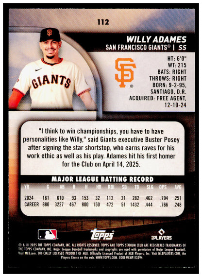 2025 Stadium Club Willy Adames Card San Francisco Giants #112