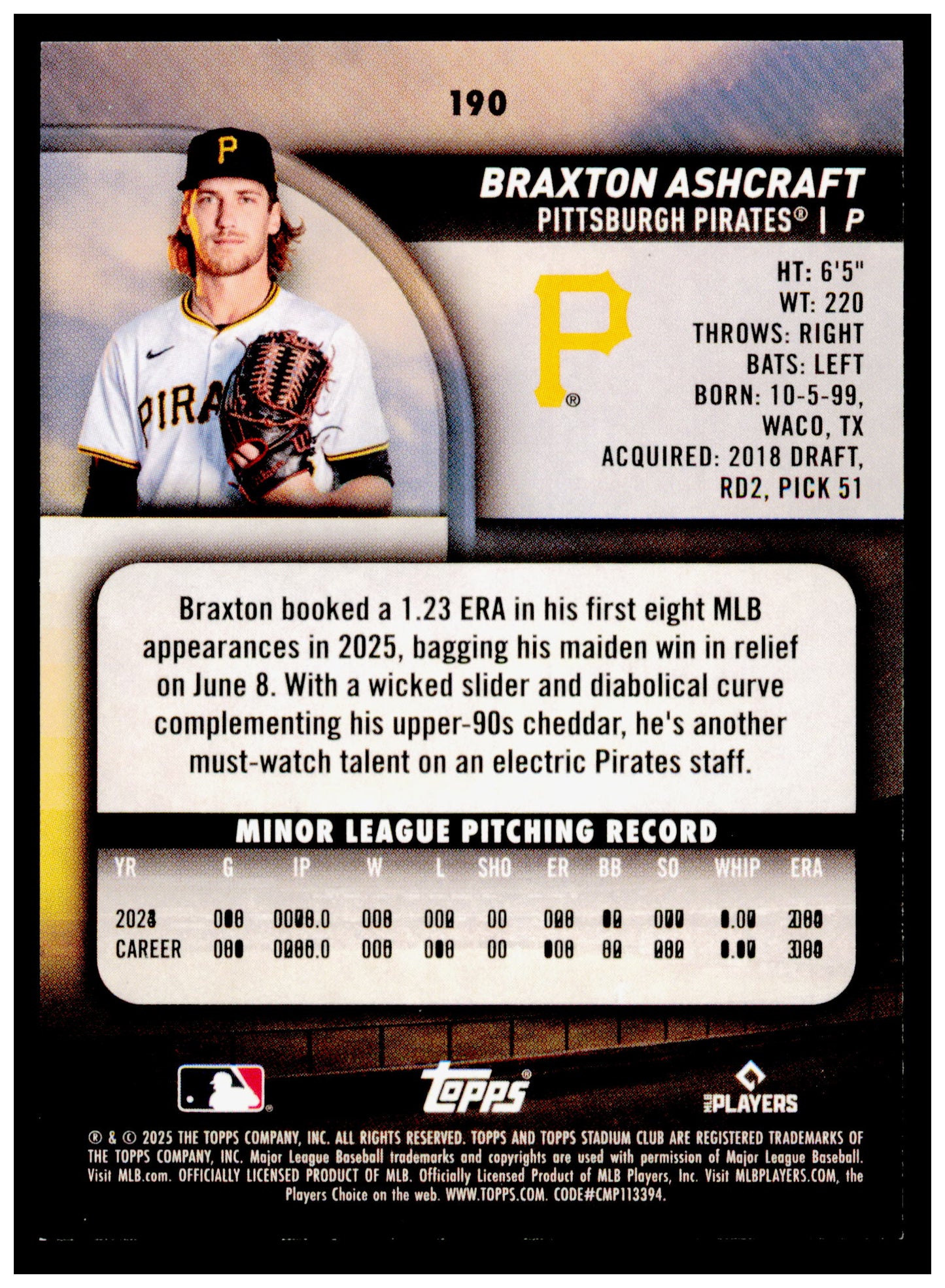 2025 Stadium Club Braxton Ashcraft Card RC Pittsburgh Pirates #190