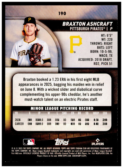 2025 Stadium Club Braxton Ashcraft Card RC Pittsburgh Pirates #190