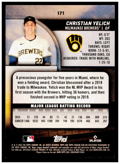 2025 Stadium Club Christian Yelich Card Milwaukee Brewers #171