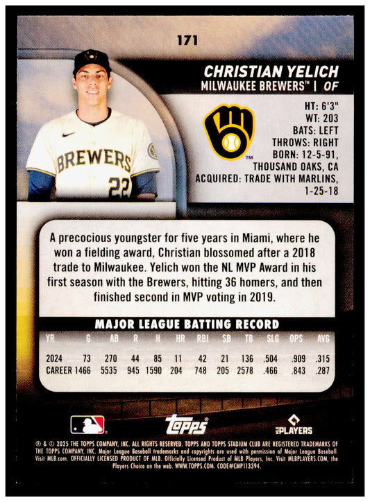 2025 Stadium Club Christian Yelich Card Milwaukee Brewers #171