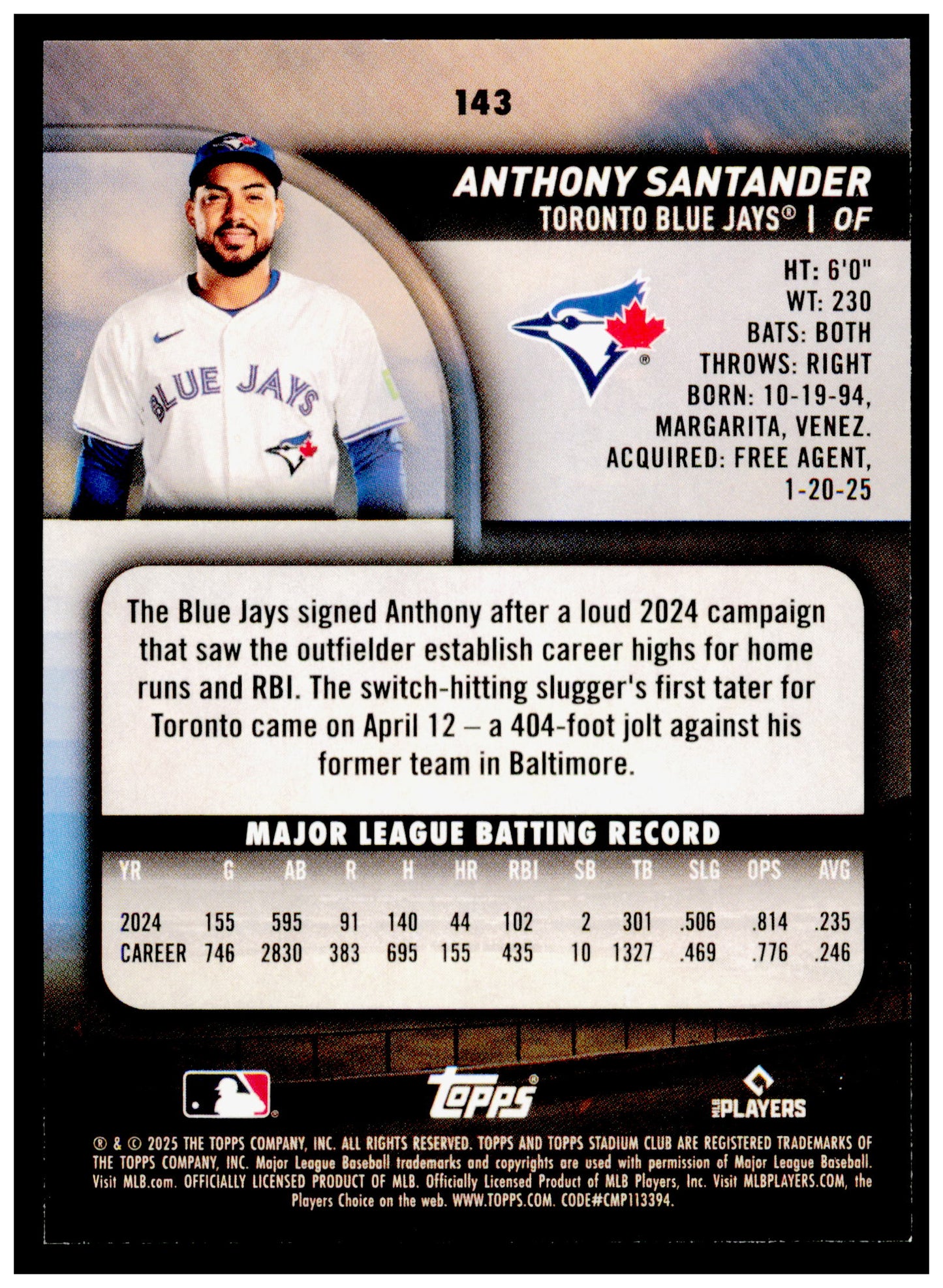 2025 Stadium Club Anthony Santander Card Toronto Blue Jays #143