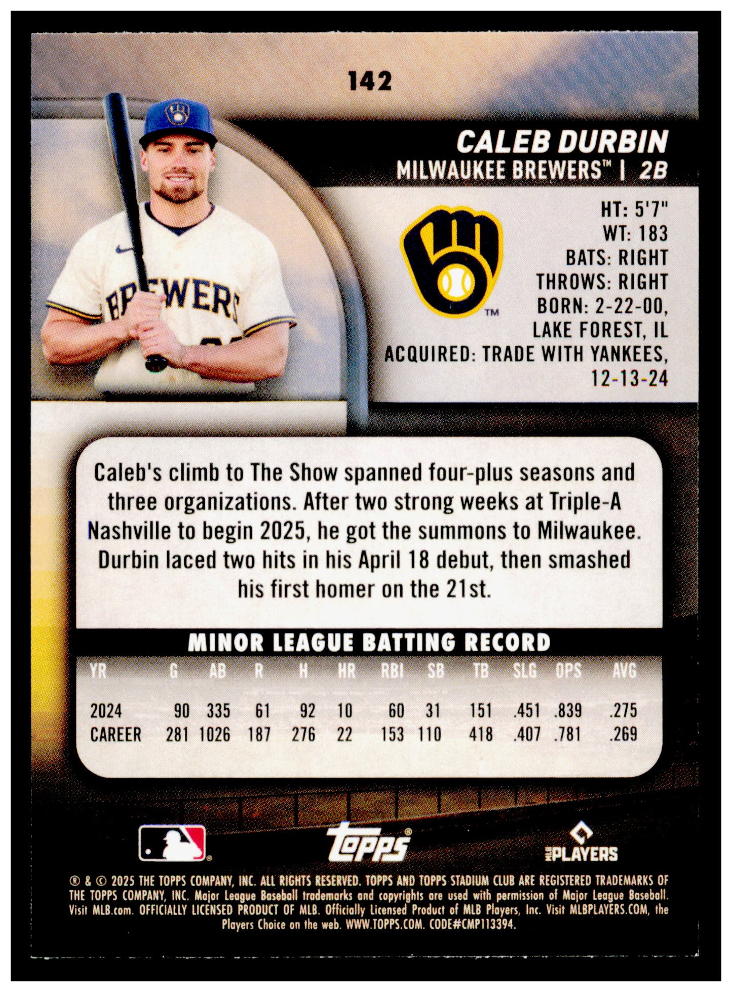 2025 Stadium Club Caleb Durbin Card RC Milwaukee Brewers #142