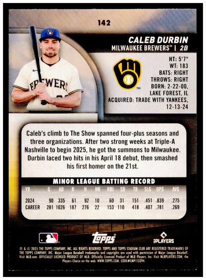 2025 Stadium Club Caleb Durbin Card RC Milwaukee Brewers #142