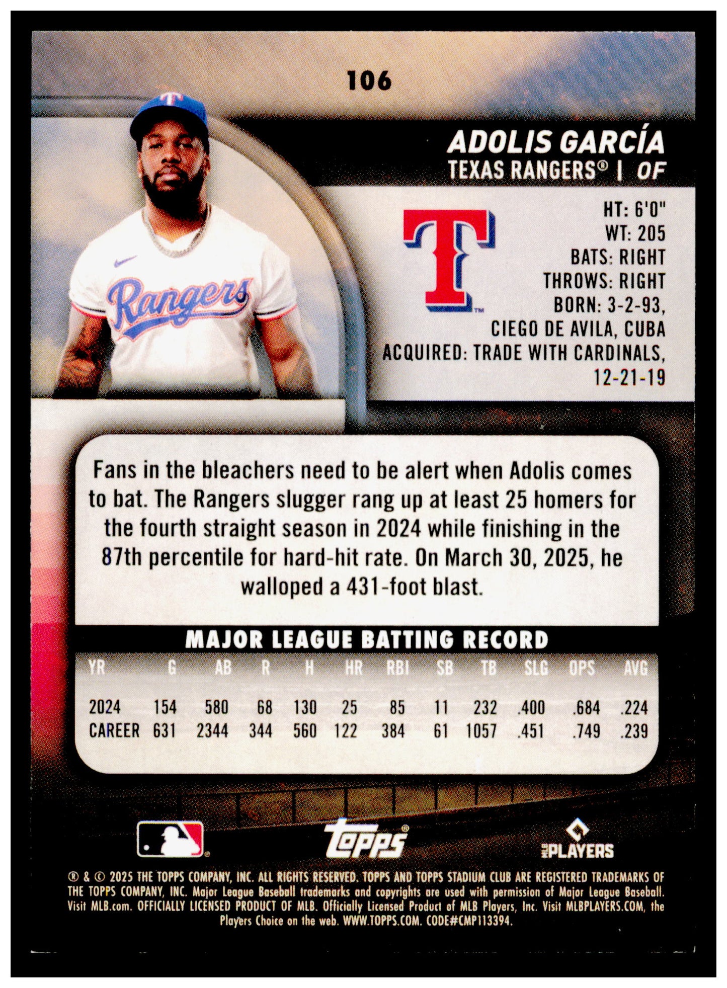 2025 Stadium Club Adolis García Card Texas Rangers #106