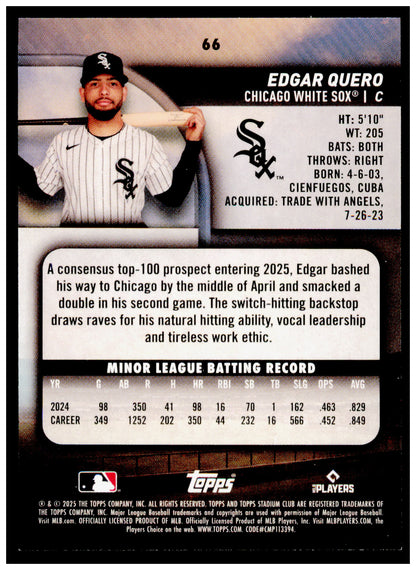 2025 Stadium Club Edgar Quero Card RC Chicago White Sox #66