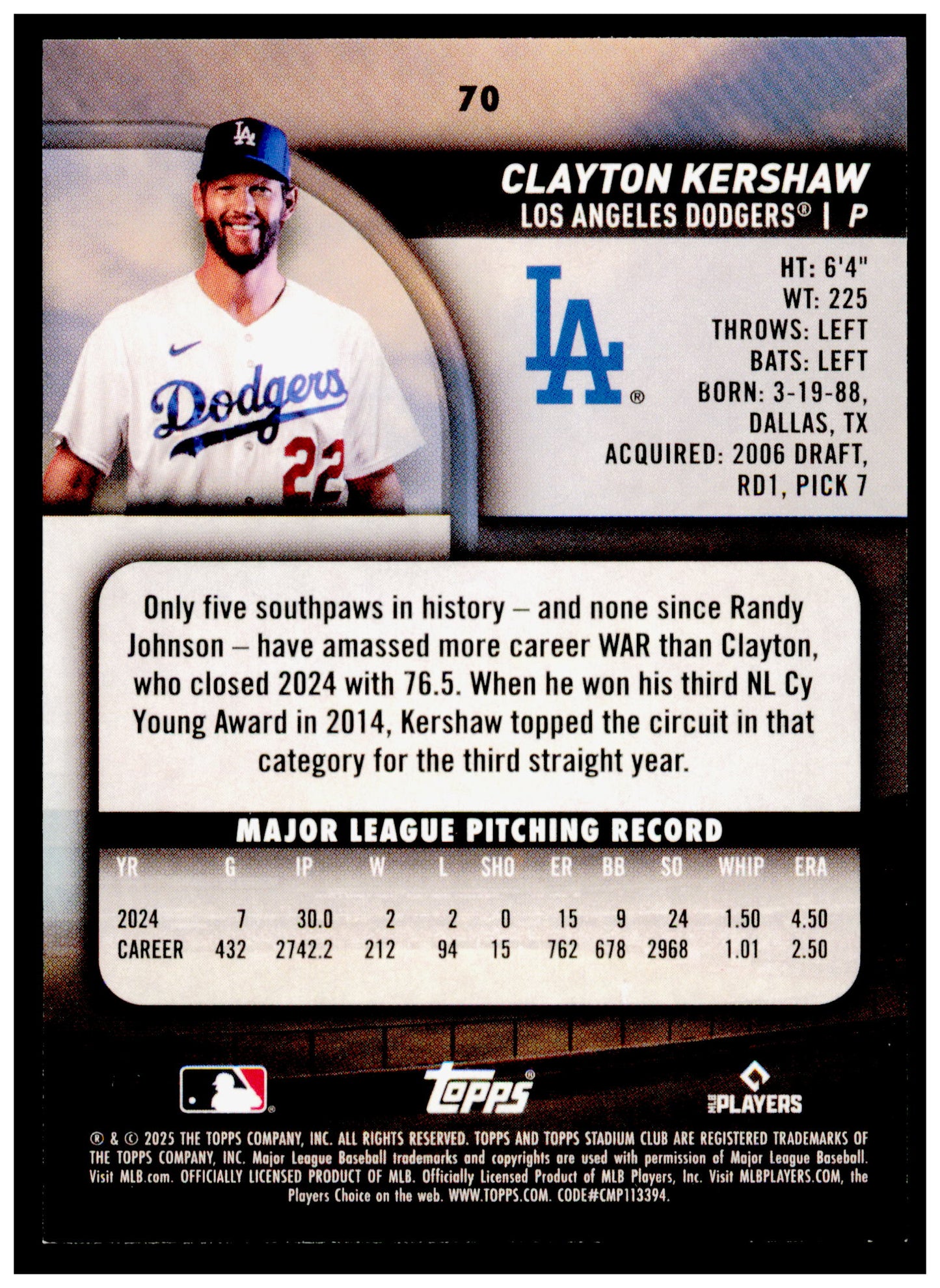 2025 Stadium Club Clayton Kershaw Card Los Angeles Dodgers #70