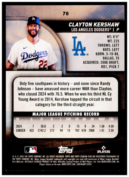 2025 Stadium Club Clayton Kershaw Card Los Angeles Dodgers #70