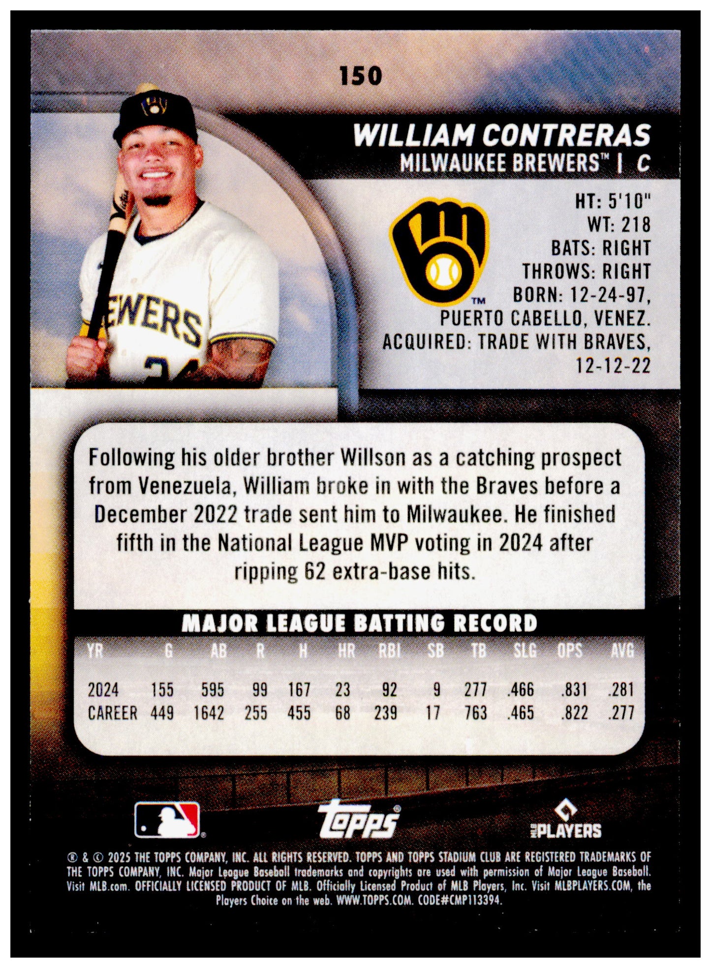 2025 Stadium Club William Contreras Card Milwaukee Brewers #150