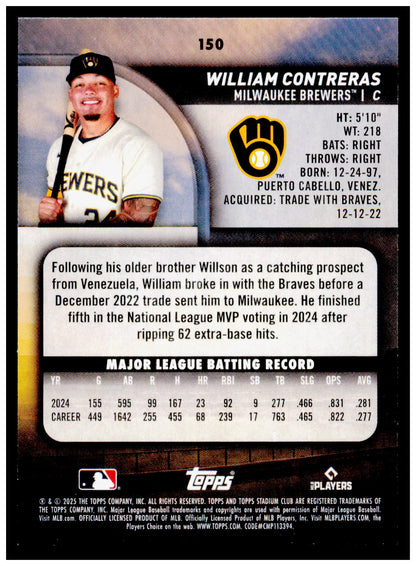 2025 Stadium Club William Contreras Card Milwaukee Brewers #150