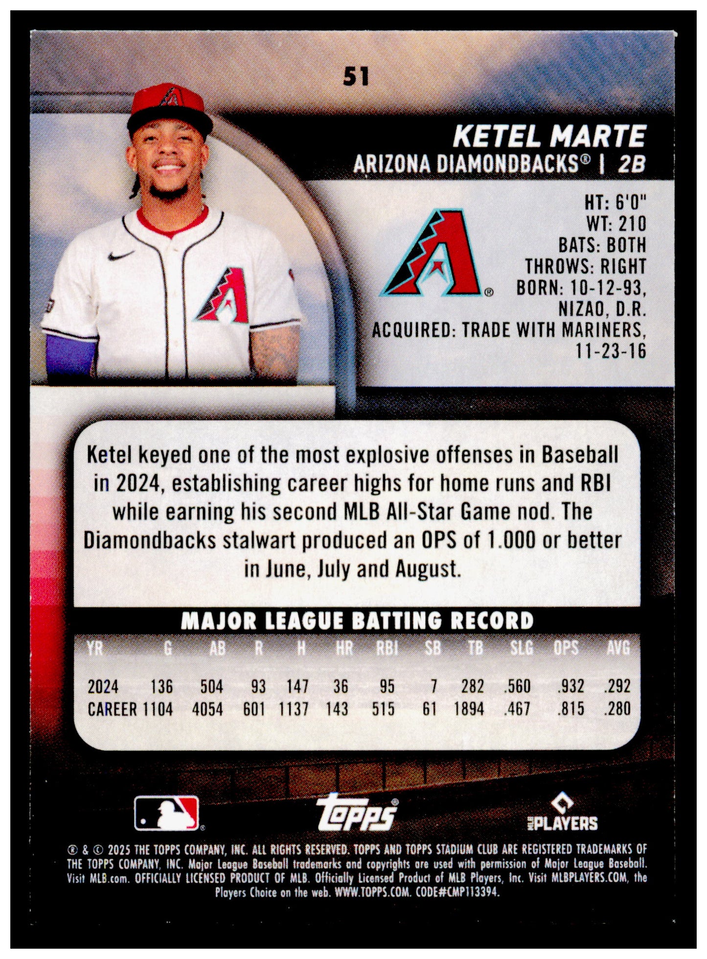 2025 Stadium Club Ketel Marte Card Arizona Diamondbacks #51