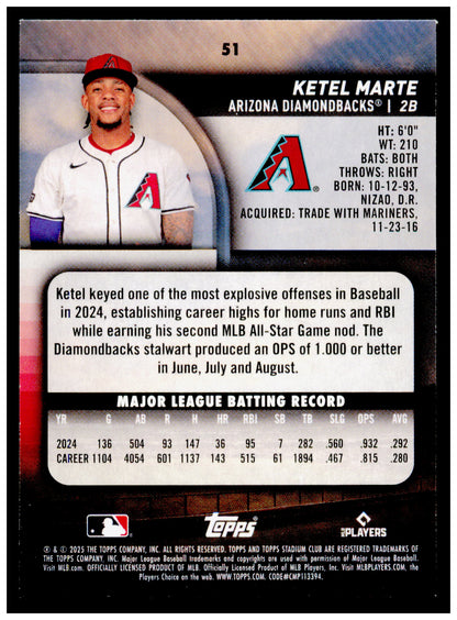2025 Stadium Club Ketel Marte Card Arizona Diamondbacks #51