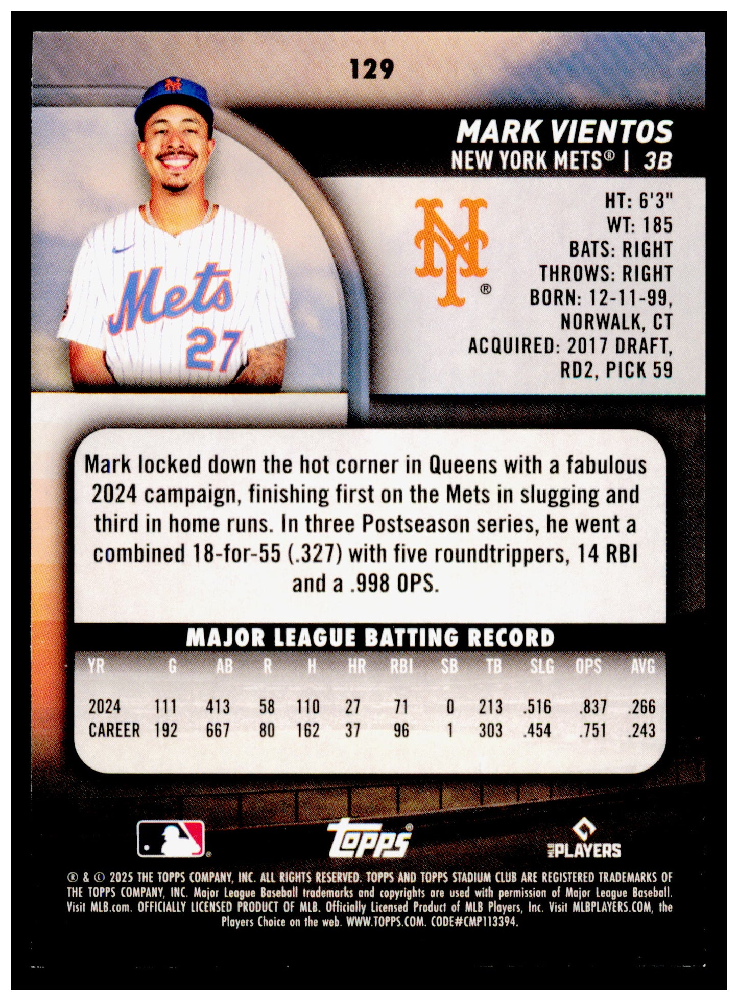 2025 Stadium Club Mark Vientos Card New York Mets #129