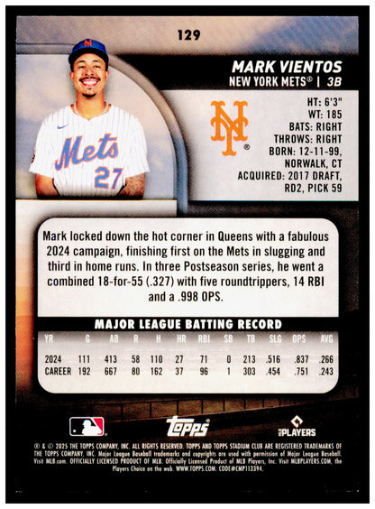 2025 Stadium Club Mark Vientos Card New York Mets #129