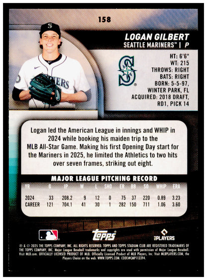 2025 Stadium Club Logan Gilbert Card Seattle Mariners #158