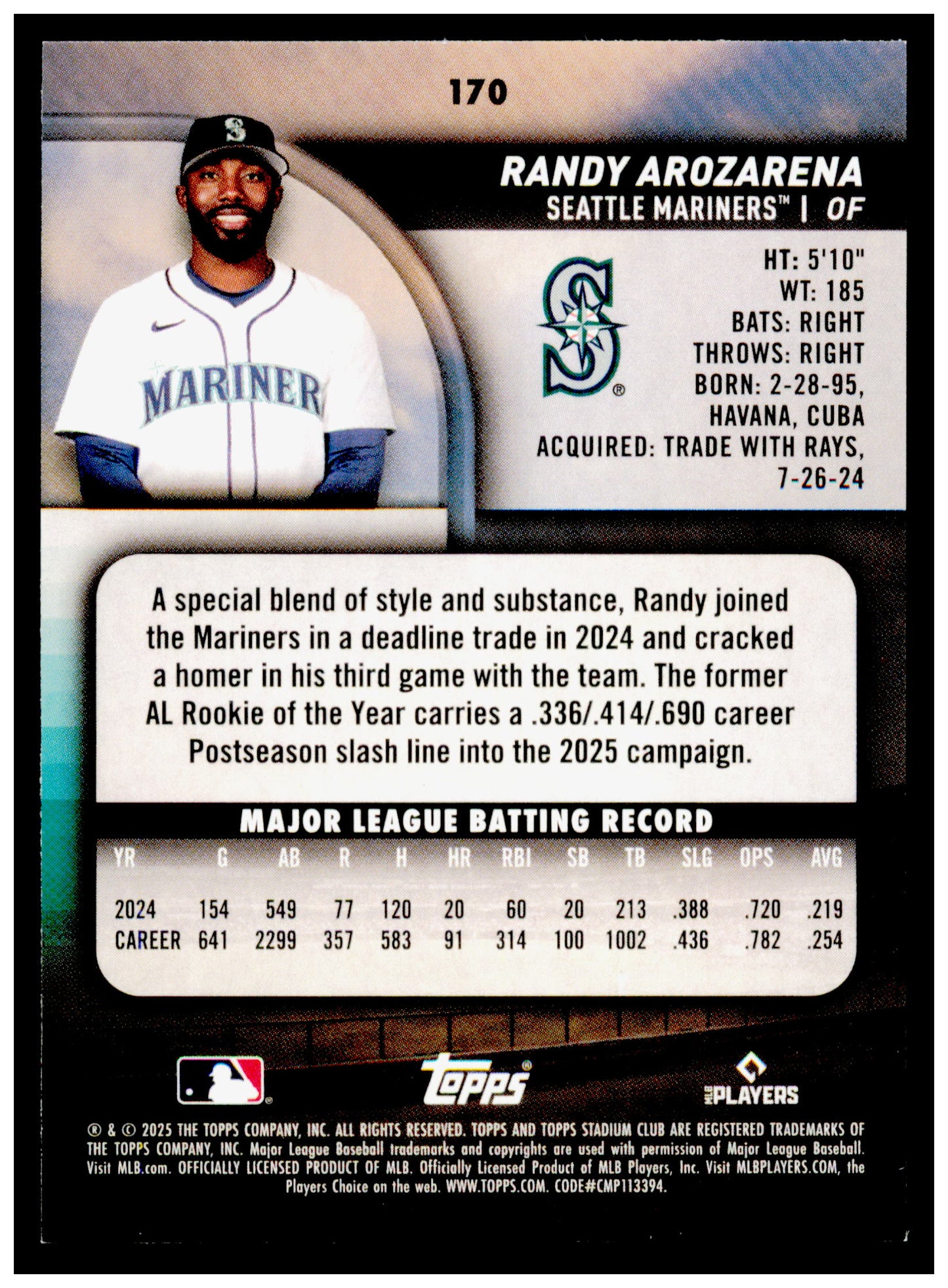 2025 Stadium Club Randy Arozarena Card Seattle Mariners #170